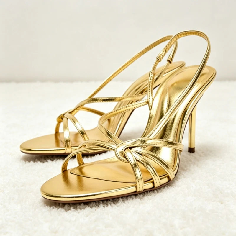 Fashion Gold Metalized Pattern Cross Tied Heeled Sandals Women Sexy Open-toe Slingback Heels Elegant Round-toe Designer Shoes