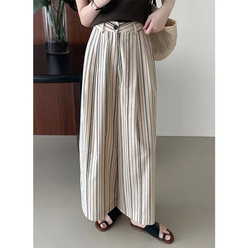 Taochuan Casual Striped Straight Leg Pants Women's Lazy Style High Waist Versatile Slimming Long Trousers Comfortable Fit
