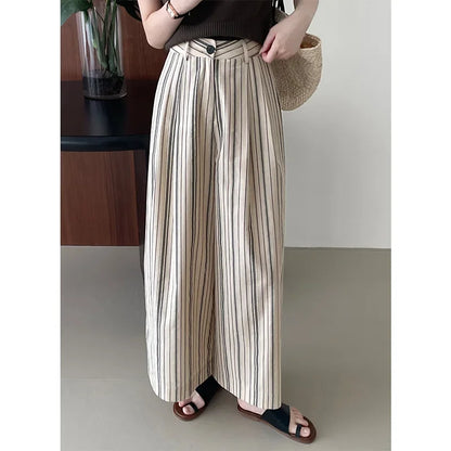 Taochuan Casual Striped Straight Leg Pants Women's Lazy Style High Waist Versatile Slimming Long Trousers Comfortable Fit