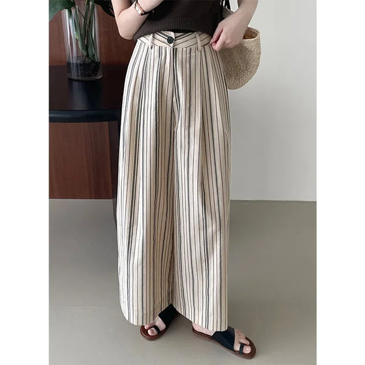 Taochuan Casual Striped Straight Leg Pants Women's Lazy Style High Waist Versatile Slimming Long Trousers Comfortable Fit