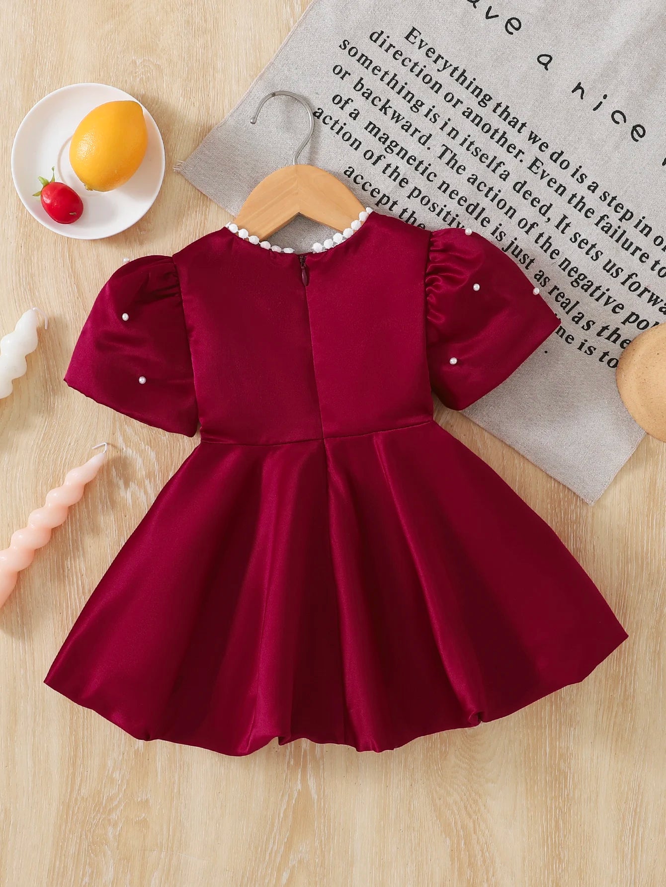 Baby Girl Birthday Dress Bubble Sleeves and Pearl Decal Wine Red Dress Suitable for 0-3 Year Old Daby Girls Party Princess Dress