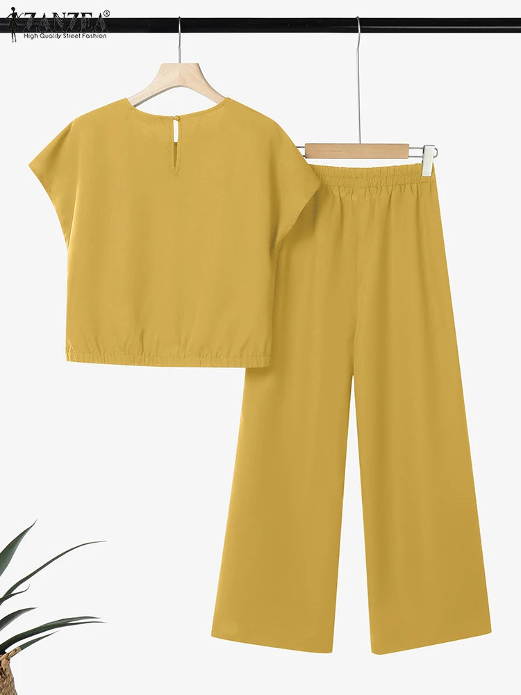 2025 ZANZEA Fashion Short Sleeve Embroidered Blouse Trousers Suits Summer Two Piece Sets Women Outfits Casual Work OL Pant Sets