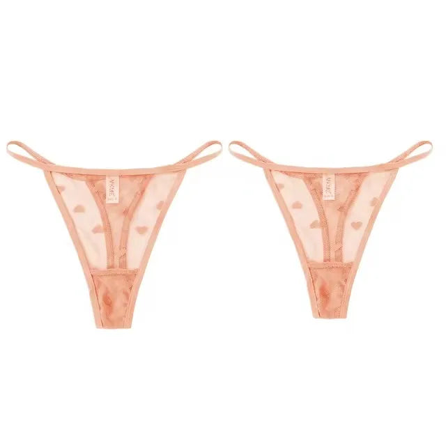 2Pcs Heart See Through Mesh G-String T-Pants Underpants Sexy Lace Sheer Underwear Women's Low Waist  Lingerie Thong Panties