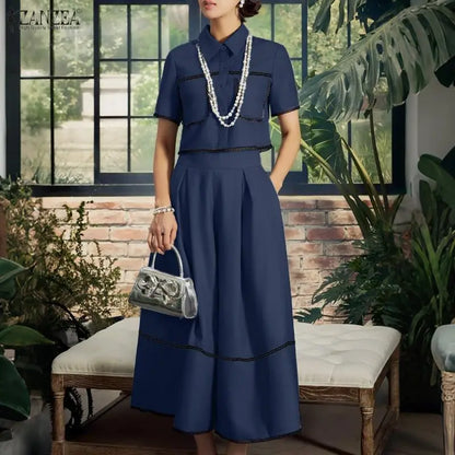 Fashion Summer 2 Pieces Sets ZANZEA Short Sleeve Shirt A Line Skirt Suit Women OL Work Dress Sets 2026 Stylish Patchwork Outfits