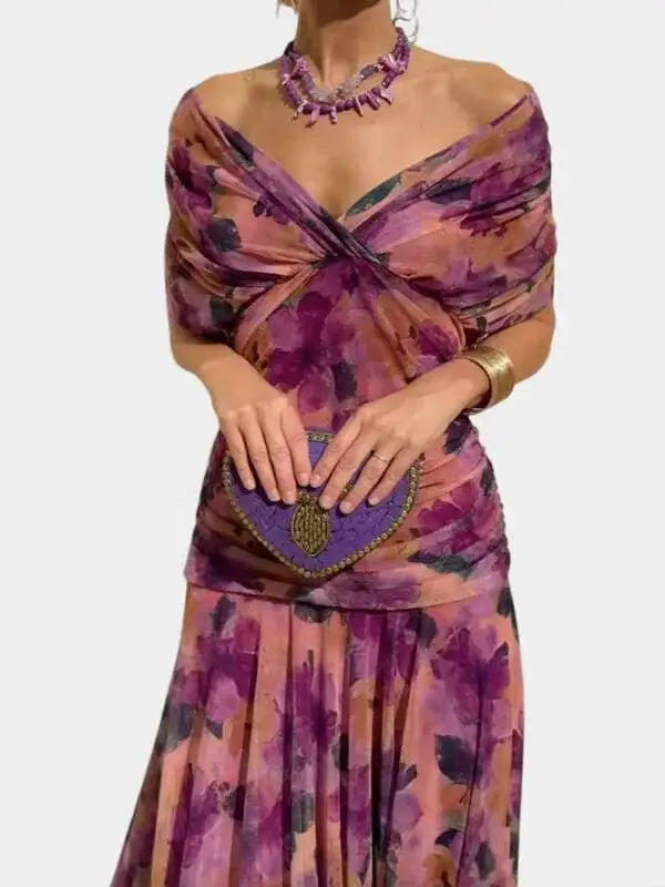 Floral Print High Waist Pleat Party Dress Elegant Women Bat Sleeve Swing Party Dress Female Chest Low Cocktail A-Line Dress HPSW