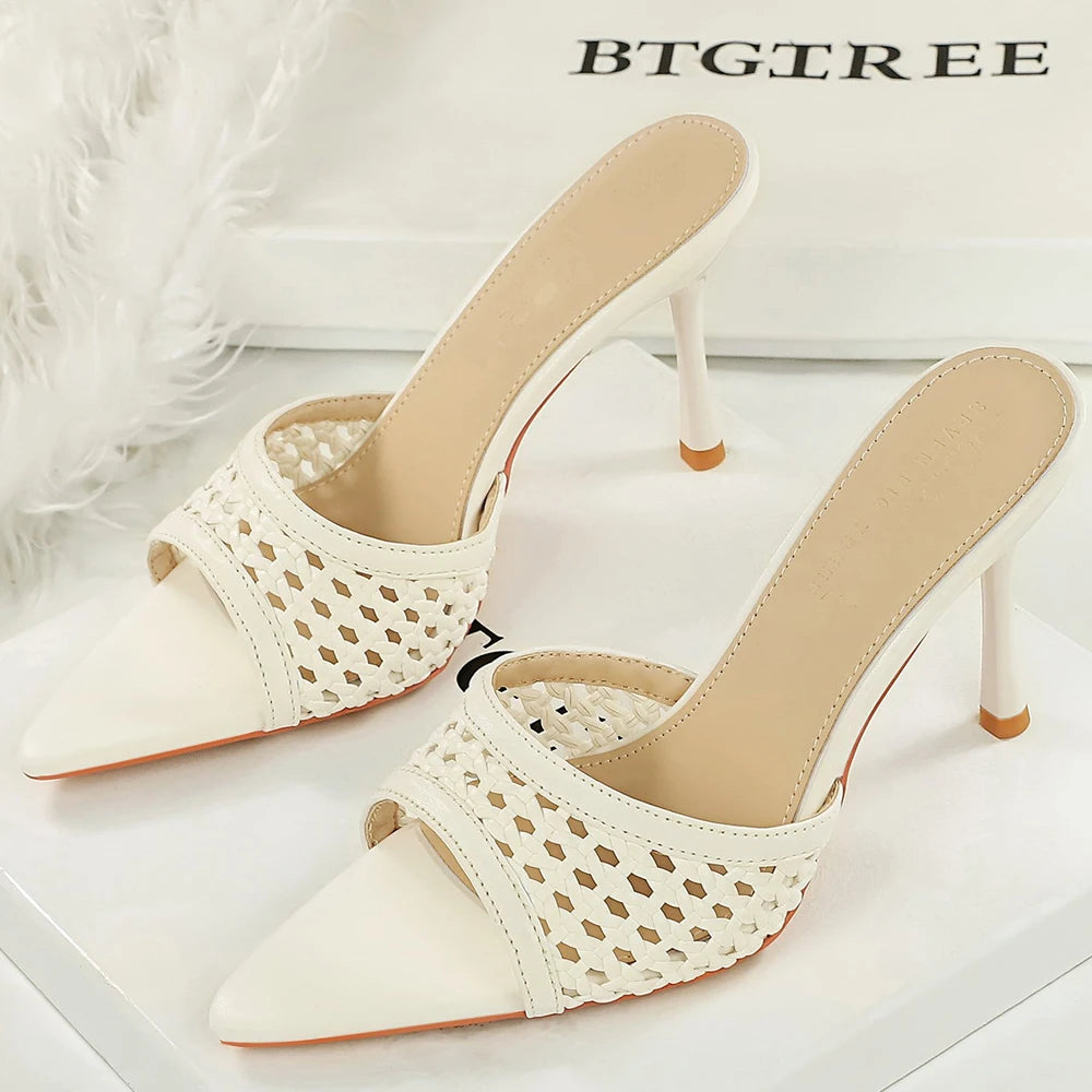 BIGTREE Shoes Weaving Design High-Heeled Sandals Women Shoes Summer Women Pumps Pointed Open-Toe Stiletto 9 CM Heeled Slippers