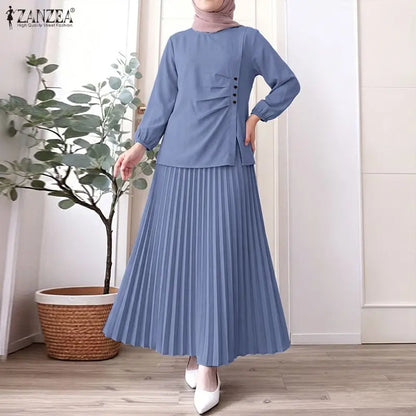 Modest Ramadan Outfit ZANZEA Women Muslim 2 Pieces Sets Stylish Casual O Neck Long Sleeve Pleated Blouse A Line Maxi Skirt Suit