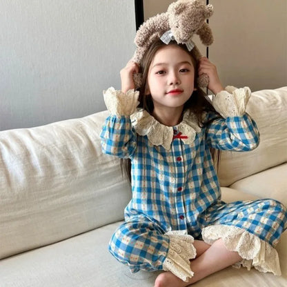 Spring Autumn Girls' Cloud Cotton Pajama Set with Lace Trim Medium Large Kids' Striped Plaid Homewear Casual Outfit