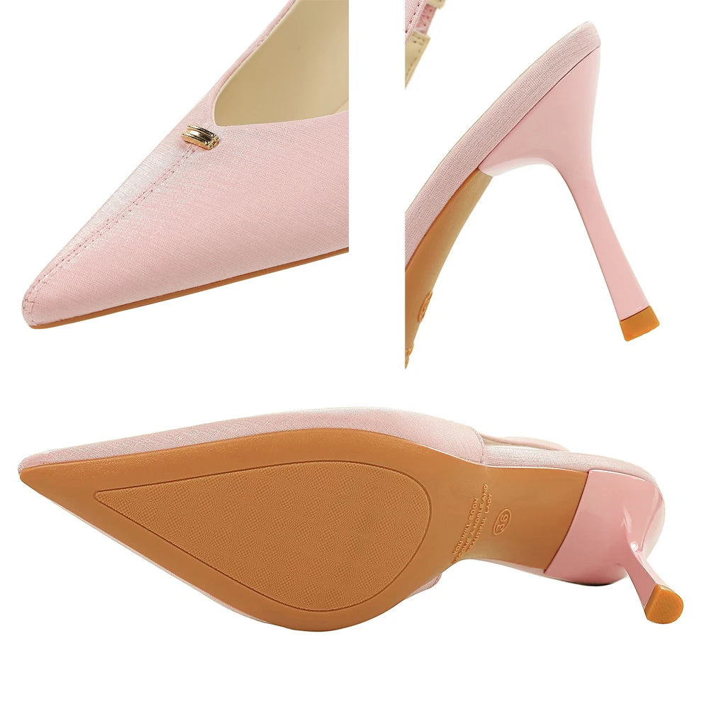 BIGTREE Shoes Sweet Metal Decoration Women Pumps Pointed High Heels Silks Satins Heeled Sandals Women Summer Shoes Stiletto 8 cm