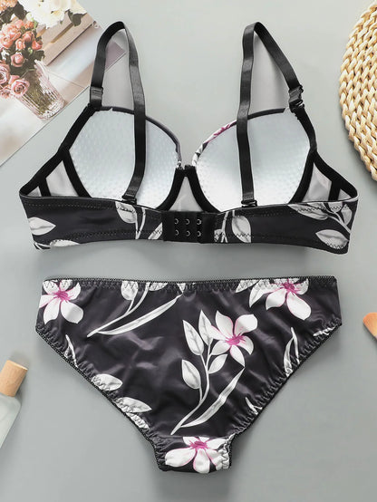 1 set High Quality Women's black bra Floral Print Bra and Panty Set Full Cup Support Elegant Summer Style  A2135