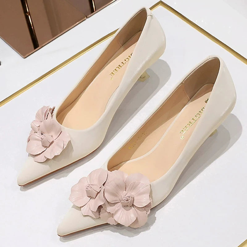BIGTREE Shoes 4 Cm Stilettos Mid Heel Shoes Women Flower Decoration Design Women Heels Pointed Kitten High Heels Plus Size 43