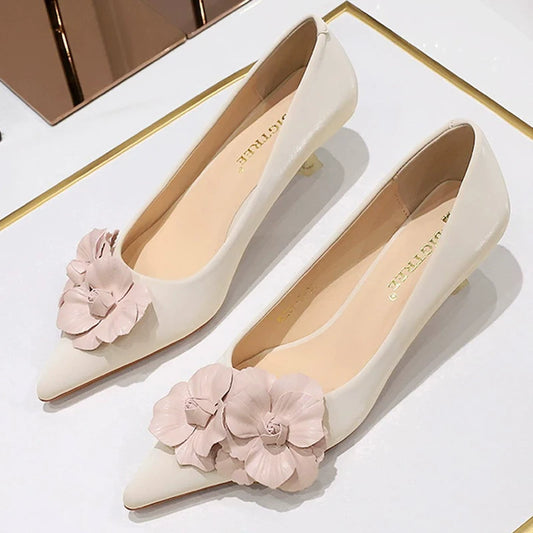 BIGTREE Shoes 4 Cm Stilettos Mid Heel Shoes Women Flower Decoration Design Women Heels Pointed Kitten High Heels Plus Size 43
