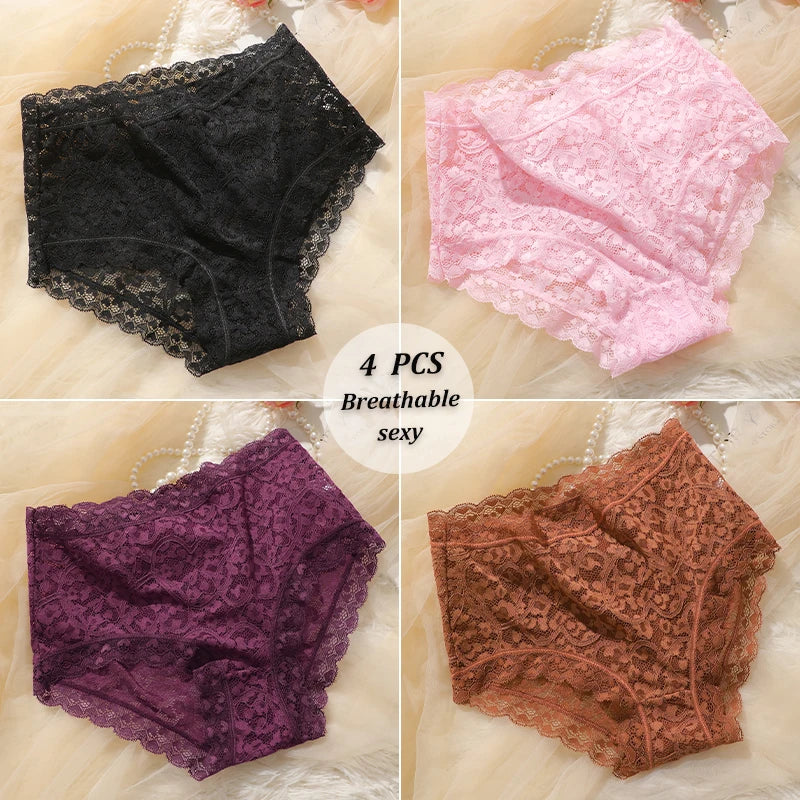 4PCS/SET Women Soft Lace Panties Breathable High Waist Underwear Hollow Sexy Lingerie Floral Solid Color Transparents Briefs New