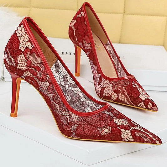 BIGTREE Shoes Wine Red Lace Women Pumps Mesh Hollow High Heels Sexy Party Shoes Stilettos Pointed Toe Female Pumps Tacones