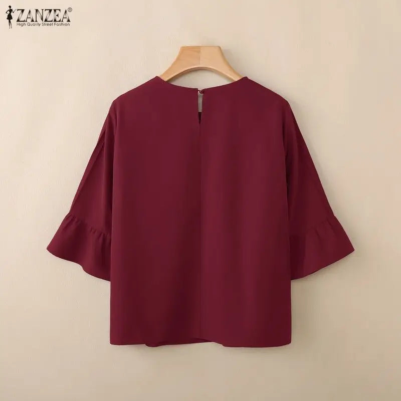 ZANZEA 2026 Woman Casual Effortless Blouses O-Neck Pintuck Detailed 3/4 Flared Sleeve Solid Color Tops Autumn Daily Blusas Mujer