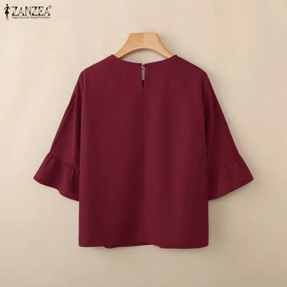 ZANZEA 2026 Woman Casual Effortless Blouses O-Neck Pintuck Detailed 3/4 Flared Sleeve Solid Color Tops Autumn Daily Blusas Mujer