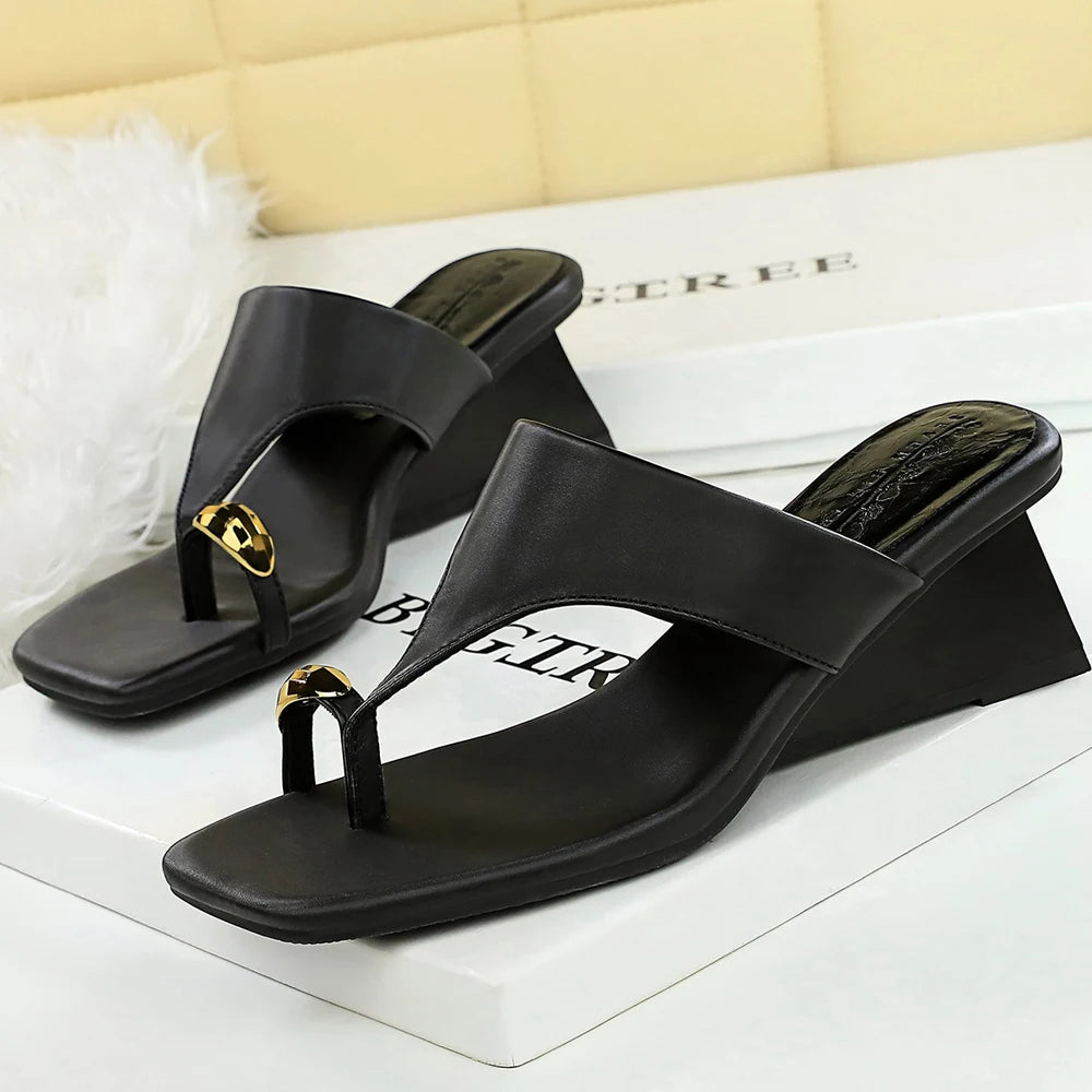 BIGTREE Shoes Wedge Heels Women Shoes Metal Buckle Square Head Flip-flops Summer Women's Sandals Satin Women Pumps Fashion