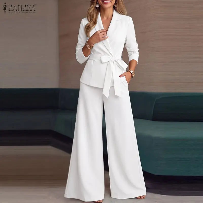 ZANZEA Women Pant Sets Elegant Office Wide Leg Pants Suit Long Sleeve Belted Solid Matching Sets Two-piece Outfits 2PCS