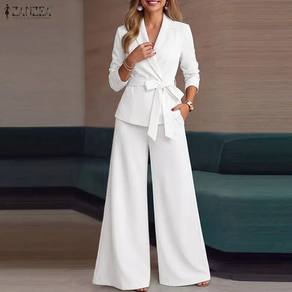 ZANZEA Women Pant Sets Elegant Office Wide Leg Pants Suit Long Sleeve Belted Solid Matching Sets Two-piece Outfits 2PCS