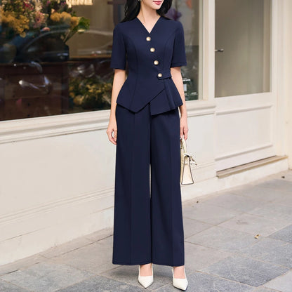 2026 Summer Pant Sets ZANZEA Elegant V Neck Short Sleeve Blouse Trousers Suit Office Women 2 Pieces Sets Solid Color OL Outfits