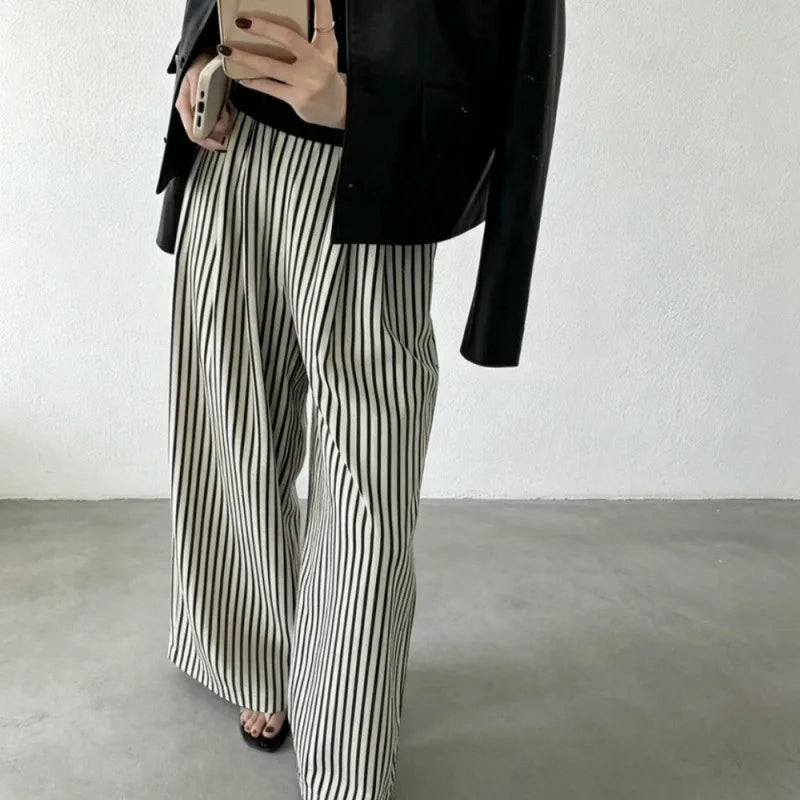 Women's Korean Dongdaemun Summer Casual Wide Leg Striped Loose Fit High Waist Slimming Effect Comfortable Elastic Waist Pants