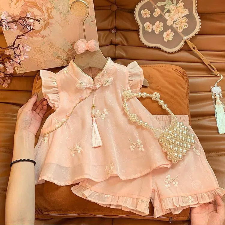 Fashion Chinese Tops Pants Girl Suit Casual Costume Kids Clothes Baby Outfit Summer Two-piece Set Girls Hanfu Children's Sets