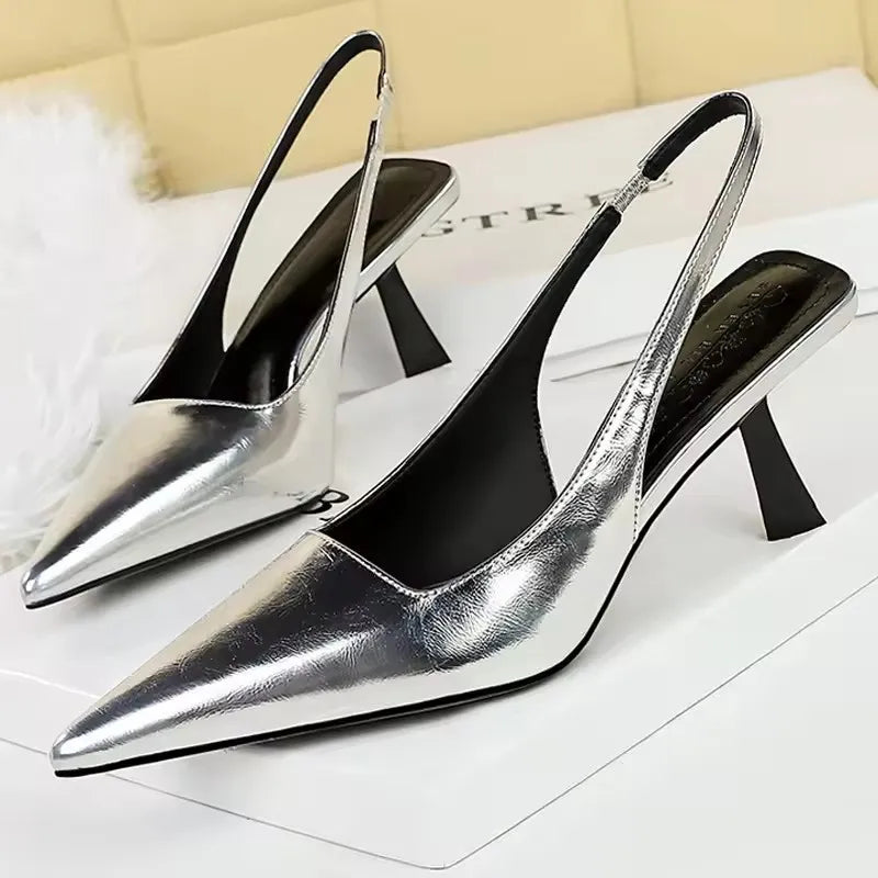 BIGTREE Shoes Summer Women Sandals Patent Leather Kitten Heels Ladies Shoes Hollow Back Strap Sandals Women Sandals Party Shoes