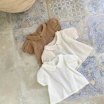2025 Summer New Baby Girl Solid Puff Sleeve Shirts Cotton Infant Short Sleeve T Shirts Toddler Casual Lapel Shirts Kids Clothes