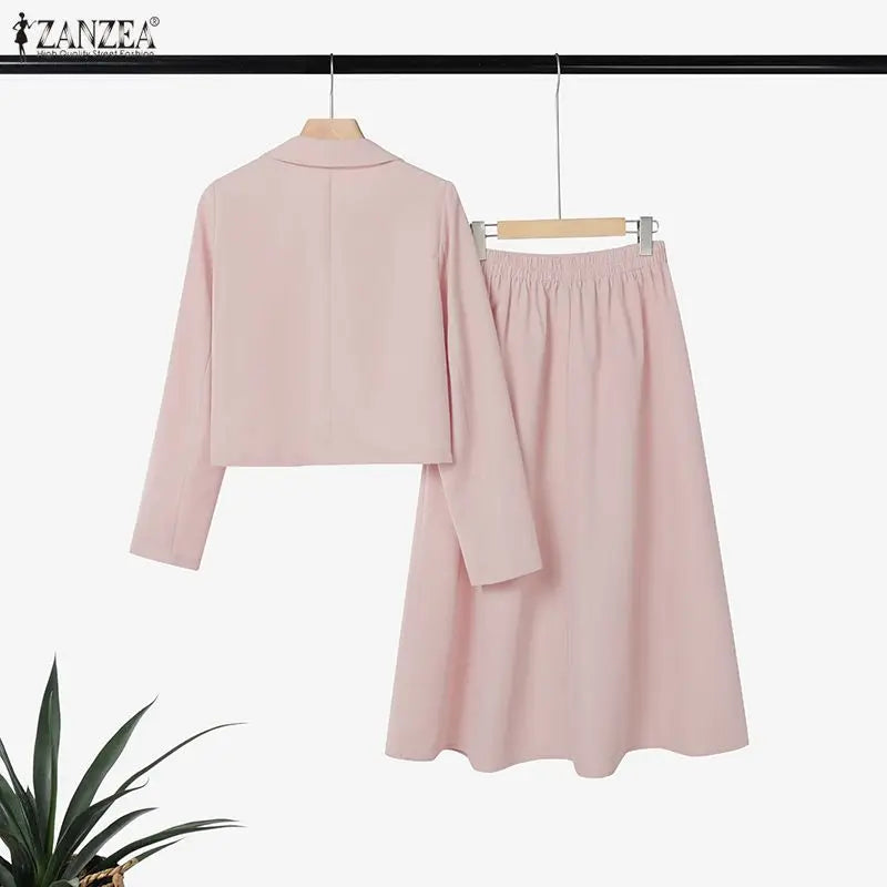 2026 ZANZEA Elegant Women OL Work Dress Sets 2026 Spring Lapel Neck Long Sleeve Shirt Tops Skirt Suit Solid Outfits 2 Piece Sets