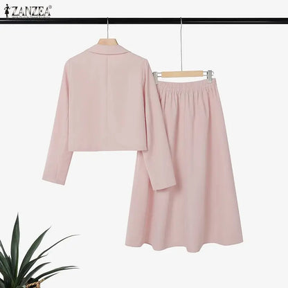 2026 ZANZEA Elegant Women OL Work Dress Sets 2026 Spring Lapel Neck Long Sleeve Shirt Tops Skirt Suit Solid Outfits 2 Piece Sets