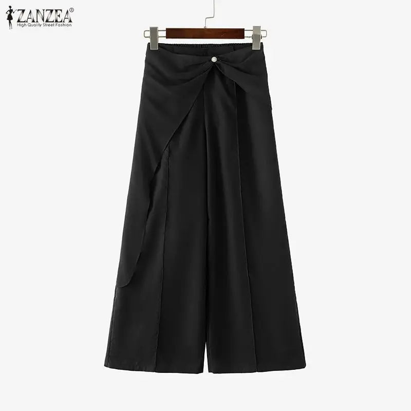 ZANZEA Women Pants Patchwork Summer Autumn Fashion Wide Leg Pants Solid Color Female Loose Bottoms Streetwear 3XL Oversize