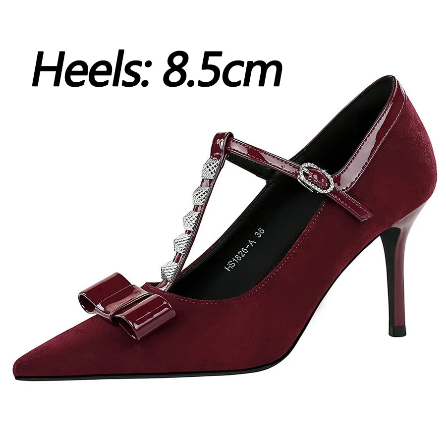 BIGTREE Shoes Rivet Women Pumps T-shaped Buckle High Heels Bowknot Stiletto Suede Women Pumps Buckle Sexy Party Shoes Women Heel