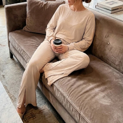 ZANZEA Plus Size-Women's Ribbed Knit Pant Suits Long Sleeve Tops & Slit Hem Wide-Leg Pants 2 Pieces Sets Cozy Loose Outfits 5XL