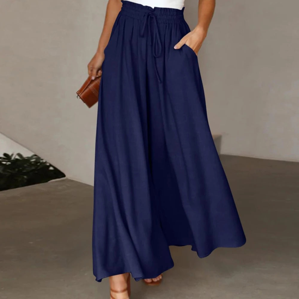 Women Summer Autumn Elegant Solid Chiffon Pants Casual Elastic Waist Wide Leg Pants Loose Straight Trouser Vacation Beach Street