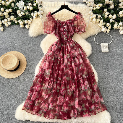 Summer Vintage French Mesh Dress for Women New Waist Cinched Slash Neck Bubble Sleeves Sweet Floral Chiffon Dress Female C146