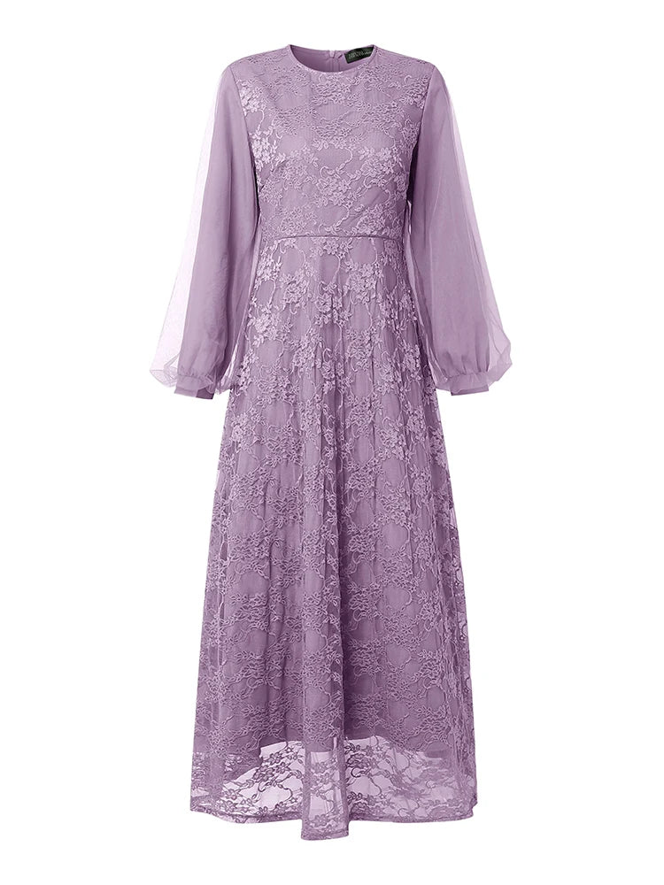 Fashion Muslim Abaya ZANZEA 2026 Spring Lace Patchwork Dresses Women Elegant Party Dress Long Sleeve Mesh Sundress Ramadan Robe