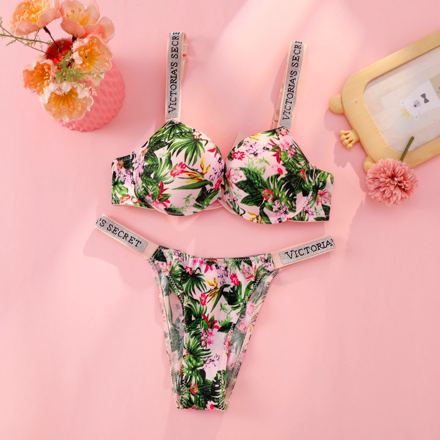 Victoria s Secret Rhinestone Logo Shoulder Straps Lace Underwear Sexy Lingerie Set Push Up Bra And Panties Set For Women