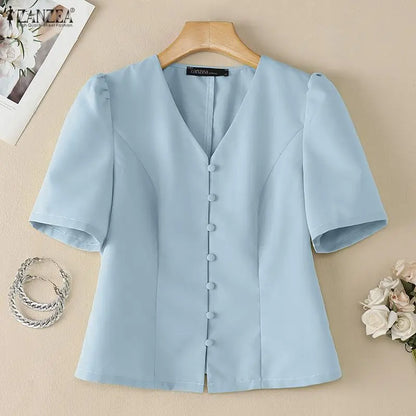 ZANZEA Elegant Woman Princess Seam Blouses Summer V-Neck Puff Sleeves Button Up Solid Short Tops Sophisticated Date Night Blusas