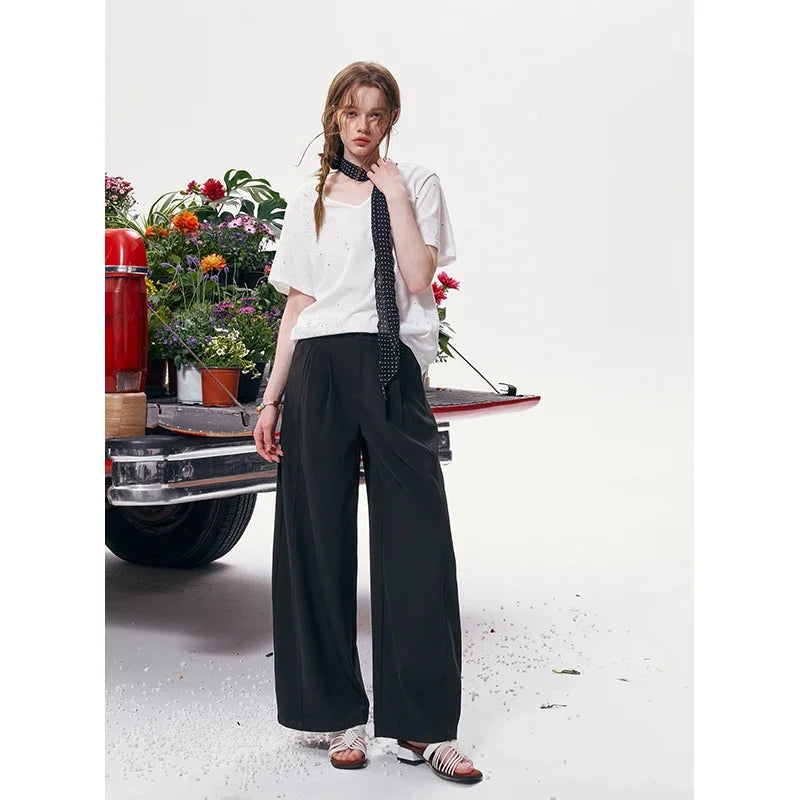 ELFSACK High Waist Pleated Wide Leg Trousers, Minimalist Casual Office Trousers for Women, Button Fly Loose Palazzo Pants