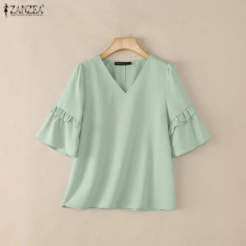 ZANZEA Women Elegant Blouses V-Neck Half Flare Sleeve Ruffles Trim Pullover Tops Summer Daily Casual Solid Color Blusas de Mujer