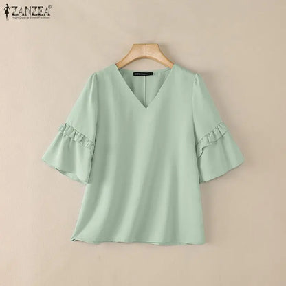 ZANZEA Women Elegant Blouses V-Neck Half Flare Sleeve Ruffles Trim Pullover Tops Summer Daily Casual Solid Color Blusas de Mujer