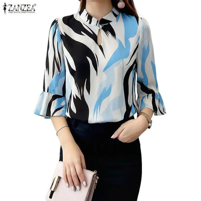 ZANZEA Elegant All-Over Print Blouses Woman Retro Mandarin Collar 3/4 Flare Sleeves Loose Tops Summer Bohemian Blusas de Mujer