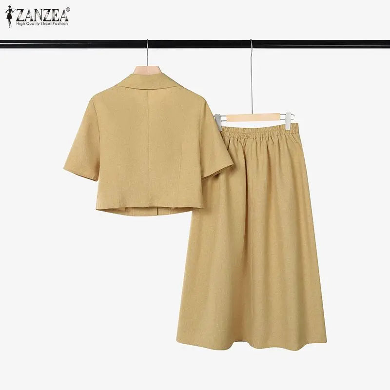 Elegant Women OL Work Dress Sets 2026 ZANZEA Summer Outfits Lapel Short Sleeve Cropped Blouse Pleated Skirt Suit 2 Pieces Sets