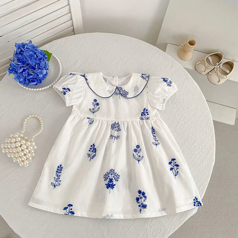 Summer New Style 2-6Y Girl Dress Short Sleeve Baby Clothes Children's Dress Korean Embroidered Girls Retro Sister Dress