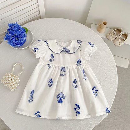 Summer New Style 2-6Y Girl Dress Short Sleeve Baby Clothes Children's Dress Korean Embroidered Girls Retro Sister Dress