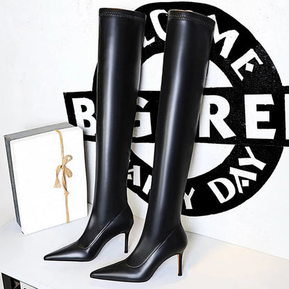 Sexy Over-the-Knee Boots Women Shoes Pointed Long Boots Plush Warm Winter Boots High Heeled Leather Boots Stiletto Heels 8.5 cm