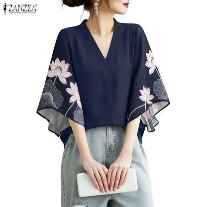 ZANZEA Floral Print Patchwork Casual Blouses for Woman V-Neck 3/4 Sleeve Blusas de Mujer Spring Summer Elegant Loose Tunic Tops