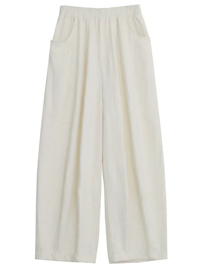CHIC VEN Women White Pants Solid Casual Elastic Waist High Waisted Pleated Wide Leg Female Trousers  Fold Summer 2025 Clothing