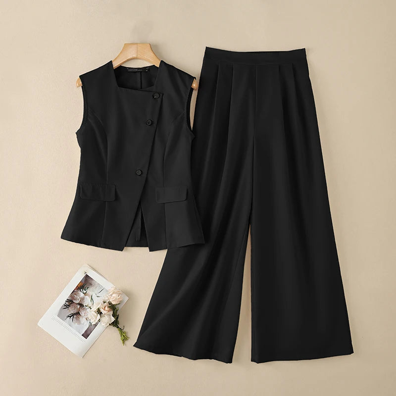 Fashion Women 2 Pieces Sets ZANZEA Summer Sleeveless Buttons -Up Tanks Tops Pants Sets Elegant Solid OL Work Tracksuit Outfits