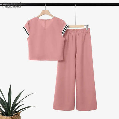 ZANZEA Women Fashion Pant Sets Summer Contrast-Trim Cap Sleeve Short Top & Wide Leg Pant 2 Pieces Sets Casual Pant Suits Outfits